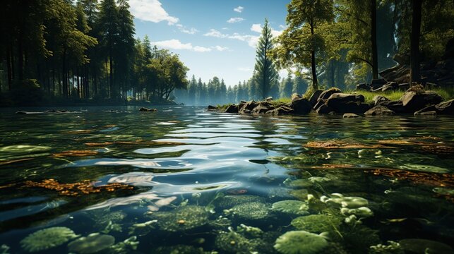 A panoramic image of a river flowing through the forest.