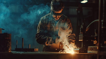 A welder focused on arc plasma welding, with sparks flying, inside a bustling industrial workshop. This image captures the precision and skill in manufacturing.