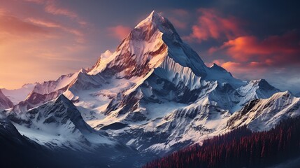 Mountain landscape with snow covered peaks at sunset. Panorama.