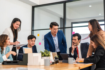 Business asian team professional collaborative meeting at office, teamwork, innovation and strategy, charts, brainstorming session, ideal corporate, business planning, successful startup at workplace