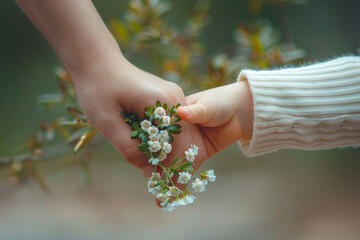 Mother's hand holding her baby's hand with flower, bonding between mom and child. - 785022273