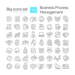 BPM organization linear icons set. Workflow managing, administration resources. Management software. Customizable thin line symbols. Isolated vector outline illustrations. Editable stroke