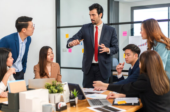 Business asian team professional collaborative meeting at office, teamwork, innovation and strategy, charts, brainstorming session, ideal corporate, business planning, successful startup at workplace
