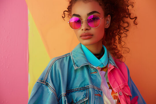 beauty 90s style clothing young woman wearing jacket on colorful wall background on the street