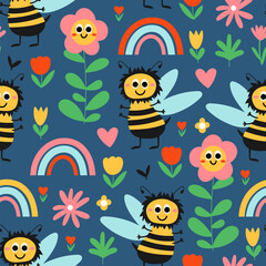 Funny bees kids seamless pattern - 785022418