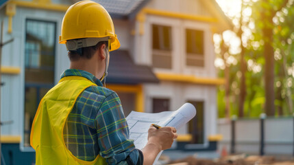 An engineer or construction worker in a yellow vest with hard hat standing in front of a house and looking at blueprints. - 785022452