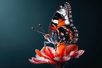 Mystic portrait of White Admiral Butterfly on flower in studio, copy space on right side, Headshot, Close-up View, 