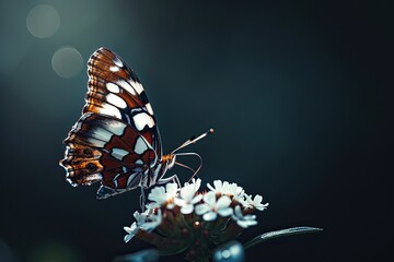 Mystic portrait of White Admiral Butterfly on flower in studio, copy space on right side, Headshot,...