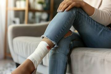A woman is sitting on a couch and she have a pain in her leg and knee, injury and sickness concept. - 785022476