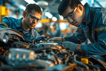 Two mechanics are working on a car engine at garage - 785022482