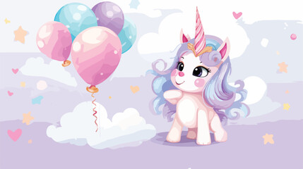 Obraz na płótnie Canvas Cute Unicorn vector on sky with Donut air balloon car
