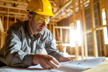 An engineer or construction worker with hard hat looking at blueprints at construction site. - 785022683