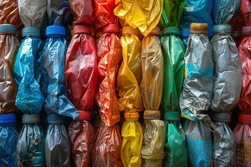 Large pile of used empty plastic bottles of different colors