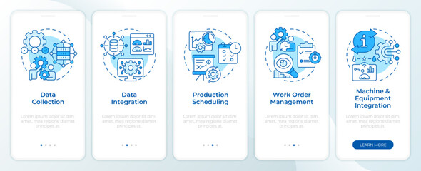 Production optimization blue onboarding mobile app screen. Walkthrough 5 steps editable graphic instructions with linear concepts. UI, UX, GUI template. Montserrat SemiBold, Regular fonts used - obrazy, fototapety, plakaty