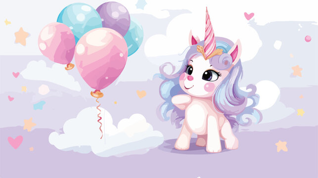 Cute Unicorn vector on sky with Donut air balloon car