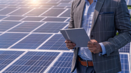 A man in suit looking at a tablet while standing in front of of solar panels, sustainable technology and alternative energy. - 785022829