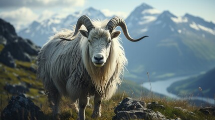 Portrait of a goat on the top of a mountain,