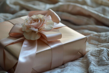 A beautiful gold wrapped gift box with a g rose flower bow on top, luxury and feminine present box - 785022859