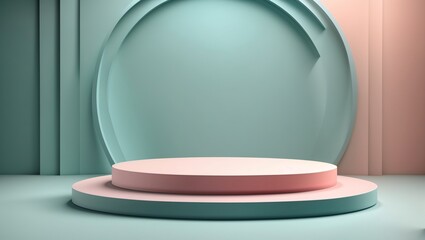 A blue and pink abstract background with a white podium in the foreground.

