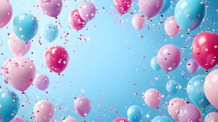 Festive Birthday Celebration Frame with Balloons and Confetti with pastel blue background