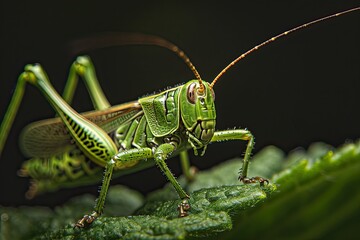 Fototapeta premium Mystic portrait of Woodland Grasshopper on leaves beside view, full body shot, Close-up View, 