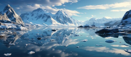 Panorama of icebergs and mountains in Antarctica.