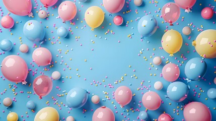Festive Birthday Celebration Frame with Balloons and Confetti with pastel blue background
