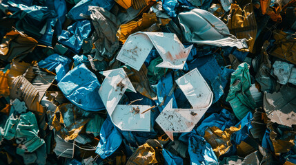 A pile of plastic waste and recycling symbol, trash and pollution concept.