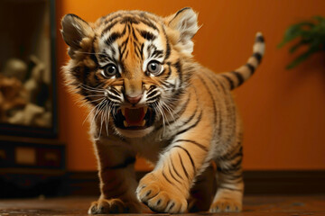 An orange tiger cub wearing a sporty jersey, chasing its tail on an orange background. - obrazy, fototapety, plakaty