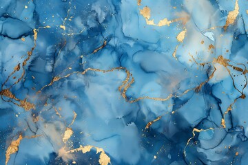 blue abstract watercolor background with golden streaks