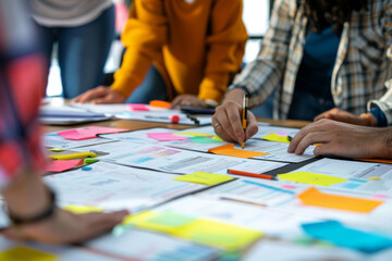 A group of people are working on a project together. They are using sticky notes to brainstorm ideas and are writing on them with pens. Scene is collaborative and creative - 785023291