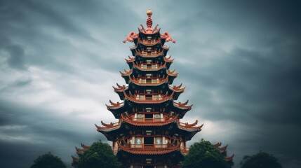 Pagoda in the temple with cloudy sky background, Taipei, Taiwan