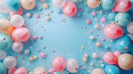 Festive Birthday Celebration Frame with Balloons and Confetti with pastel blue background