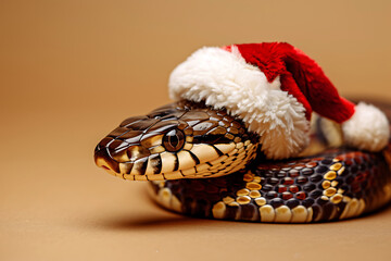 funny festive snake in santa hat celebrating christmas isolated on color background