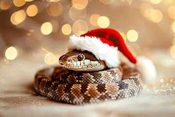 funny festive snake for christmas on the background of a lights bokeh