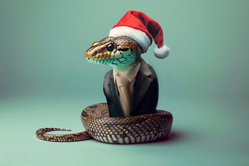 charming snake in santa hat wearing business suit isolated on green background - Powered by Adobe