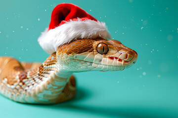 funny festive snake in santa hat celebrating christmas isolated on color background