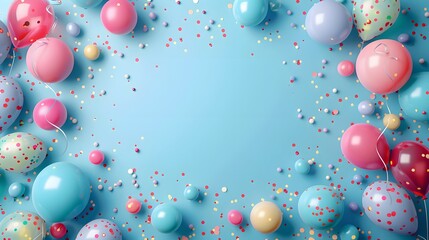 Festive Birthday Celebration Frame with Balloons and Confetti with pastel blue background