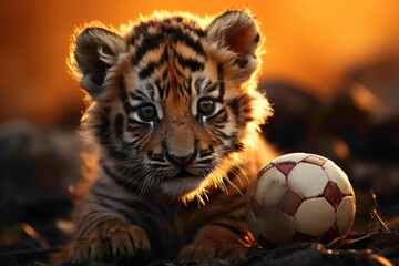 An orange tiger cub in a sporty jersey, playing with a ball against a fiery orange sunset. - obrazy, fototapety, plakaty