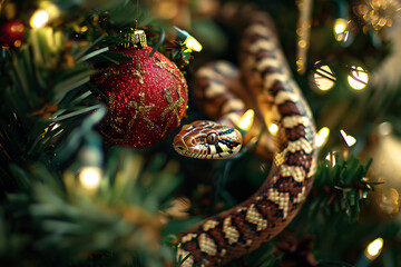 funny festive snake for christmas on the background of a christmas tree and lights