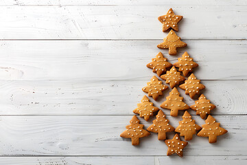 christmas tree made from cookies isolated on white wooden background, sweet dessert festive bakery