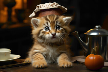 An orange tiger cub in a chef's hat, preparing a meal against an orange kitchen background. - obrazy, fototapety, plakaty