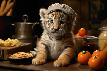 An orange tiger cub in a chef's hat, preparing a meal against an orange kitchen background. - obrazy, fototapety, plakaty