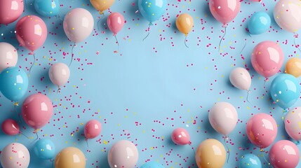 Festive Birthday Celebration Frame with Balloons and Confetti with pastel blue background