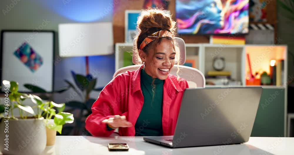 Poster work, laptop and excited from break and smile in office of a graphic designer with typing. entrepren