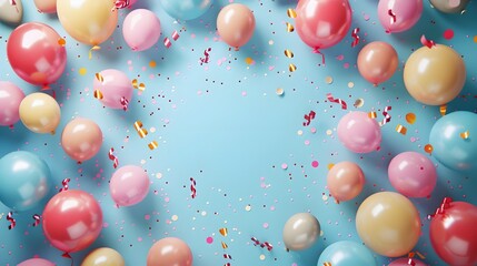 Festive Birthday Celebration Frame with Balloons and Confetti with pastel blue background