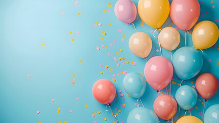 Festive Birthday Celebration Frame with Balloons and Confetti with pastel blue background