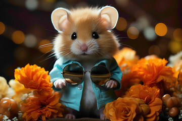 An irresistibly cute hamster adorned in stylish accessories, enjoying a bold blue background,...