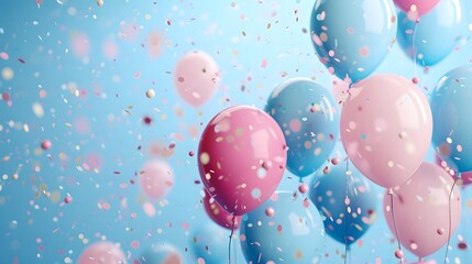 Festive Birthday Celebration Frame with Balloons and Confetti with pastel blue background
