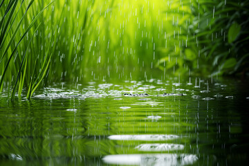 Close-up of summer rain over river water on the background of lush green vegetation. Serene summer landscape. Background, wallpaper. Copy space.